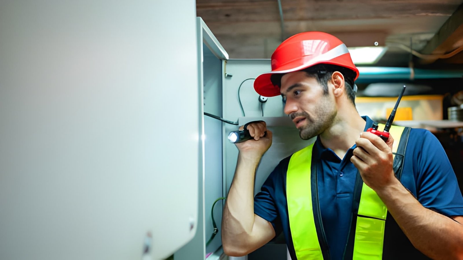 An electrician in a hard hat and safety vest inspecting an electrical panel with a flashlight