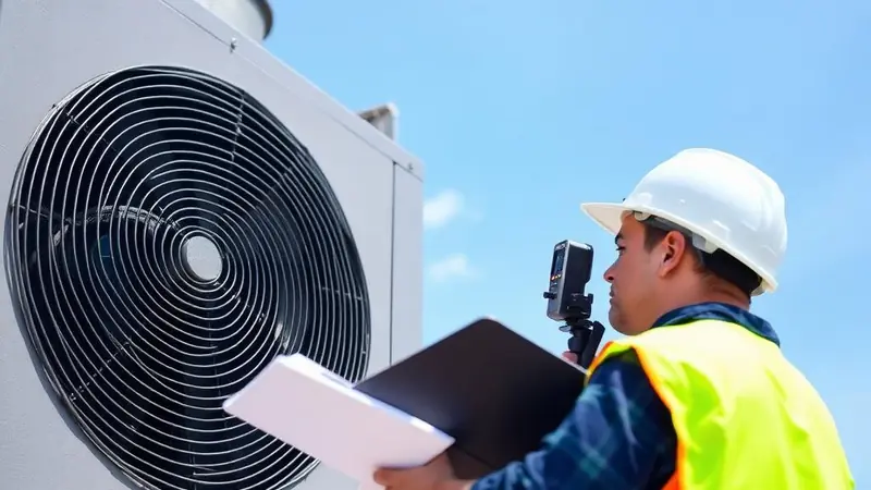 Energy auditor inspecting a commercial rooftop HVAC unit in Kentucky