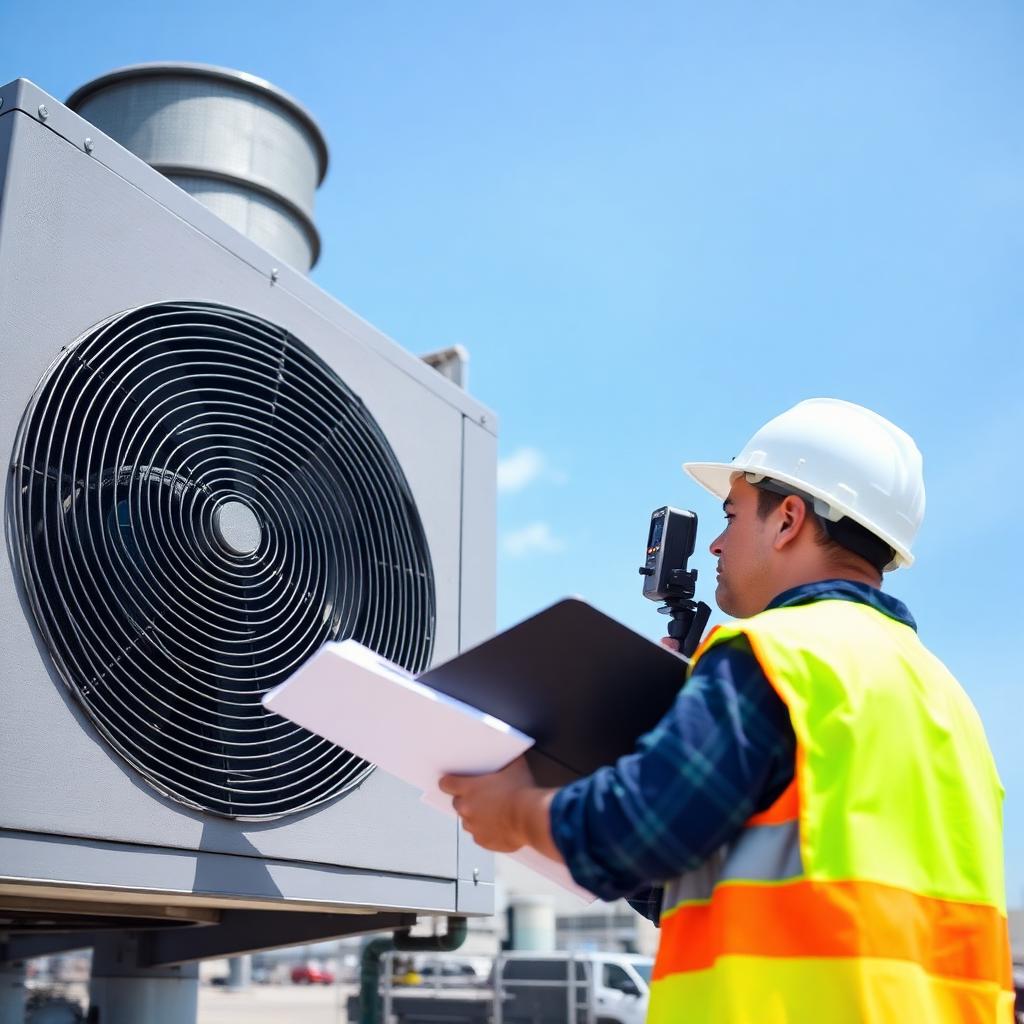 Energy auditor inspecting a commercial rooftop HVAC unit in Kentucky