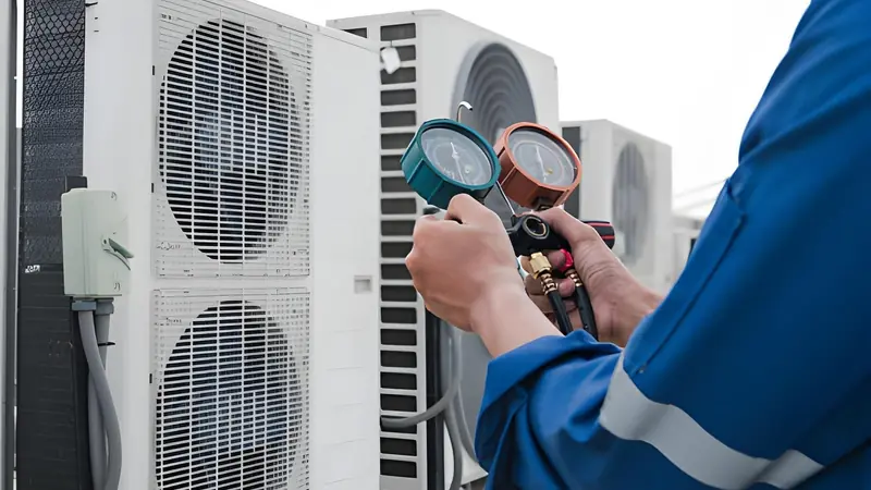 A technician in a blue uniform uses a manifold gauge set to service commercial HVAC units