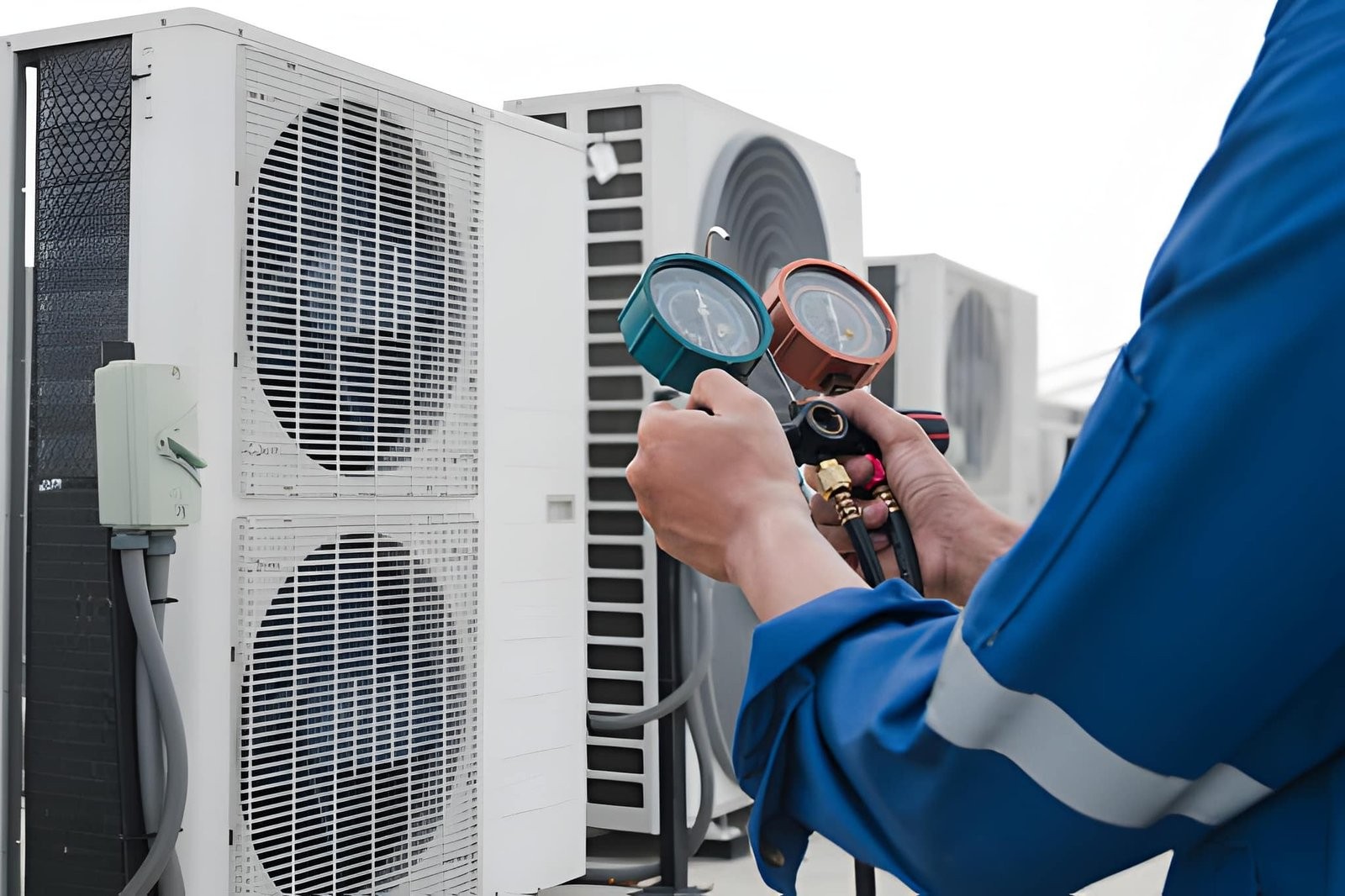 A technician in a blue uniform uses a manifold gauge set to service commercial HVAC units