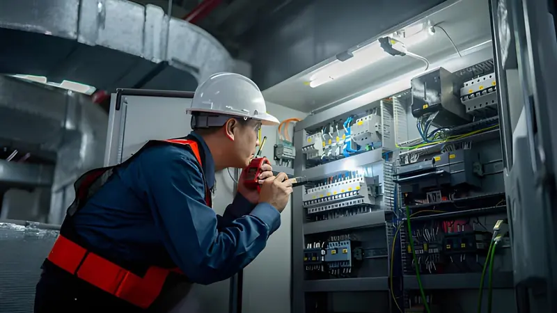 Technician working inside an energized electrical panel