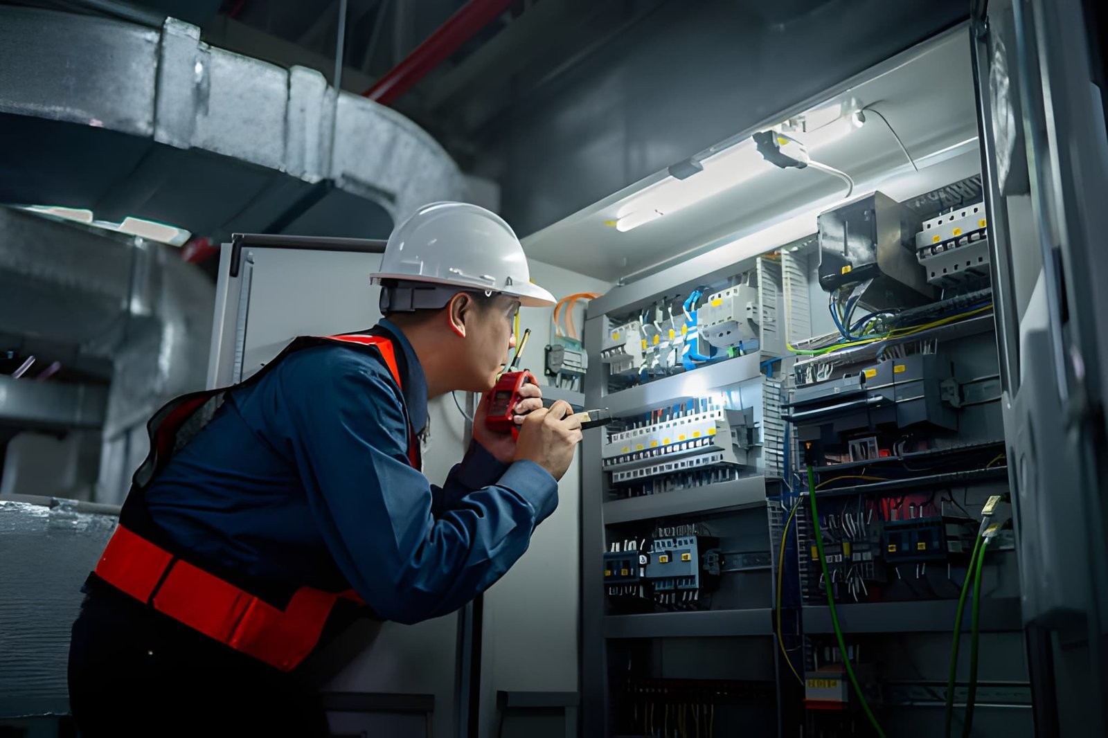 A commercial electrician in a hard hat and safety vest inspecting an electrical panel while using a walkie-talkie