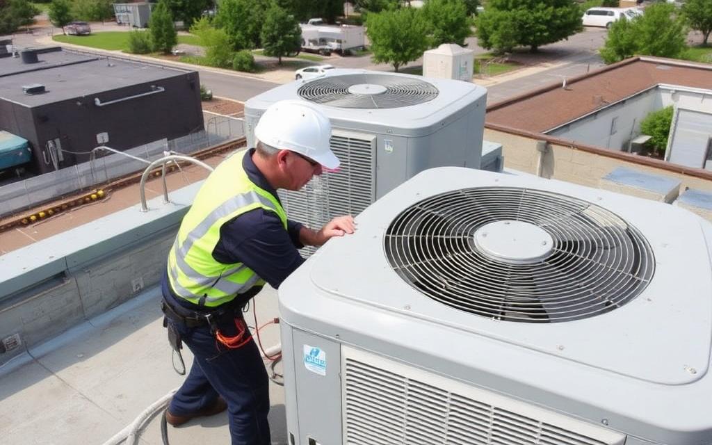 HVAC technician inspecting a large commercial air conditioning unit on a rooftop in Louisville, Kentucky.