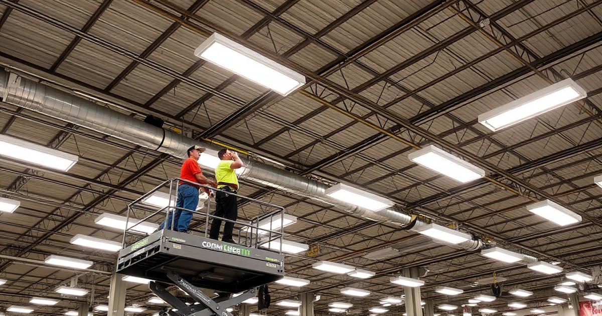 Commercial LED retrofit installation in warehouse facility