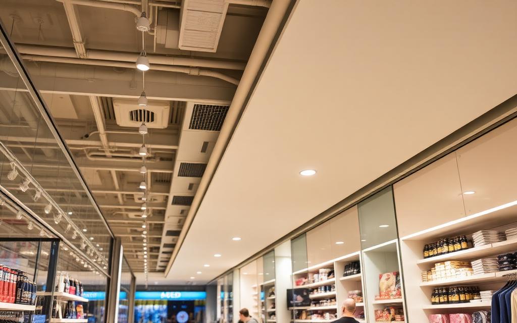 Brightly lit commercial office space with modern LED lighting fixtures