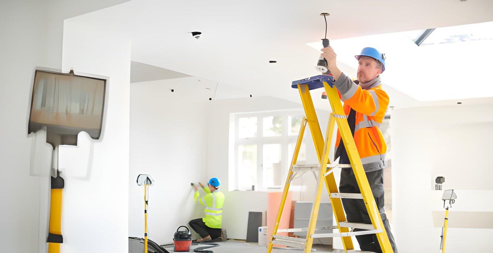 Electricians working on electrical installation in a Louisville KY room under construction