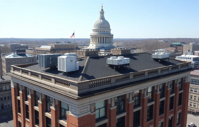 Commercial HVAC rooftop units on Frankfort KY government building with state capitol in background