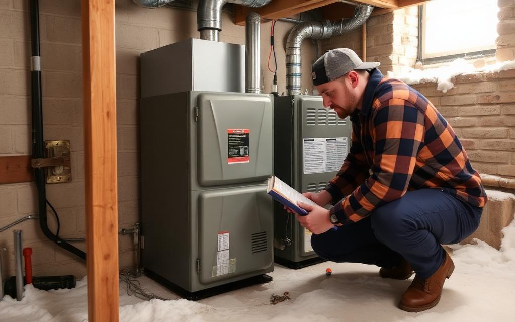 HVAC technician inspecting a gas furnace with a flashlight in a home