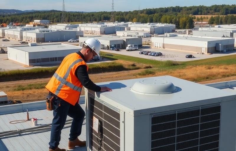 HVAC technician servicing commercial rooftop unit at Hillview KY industrial facility