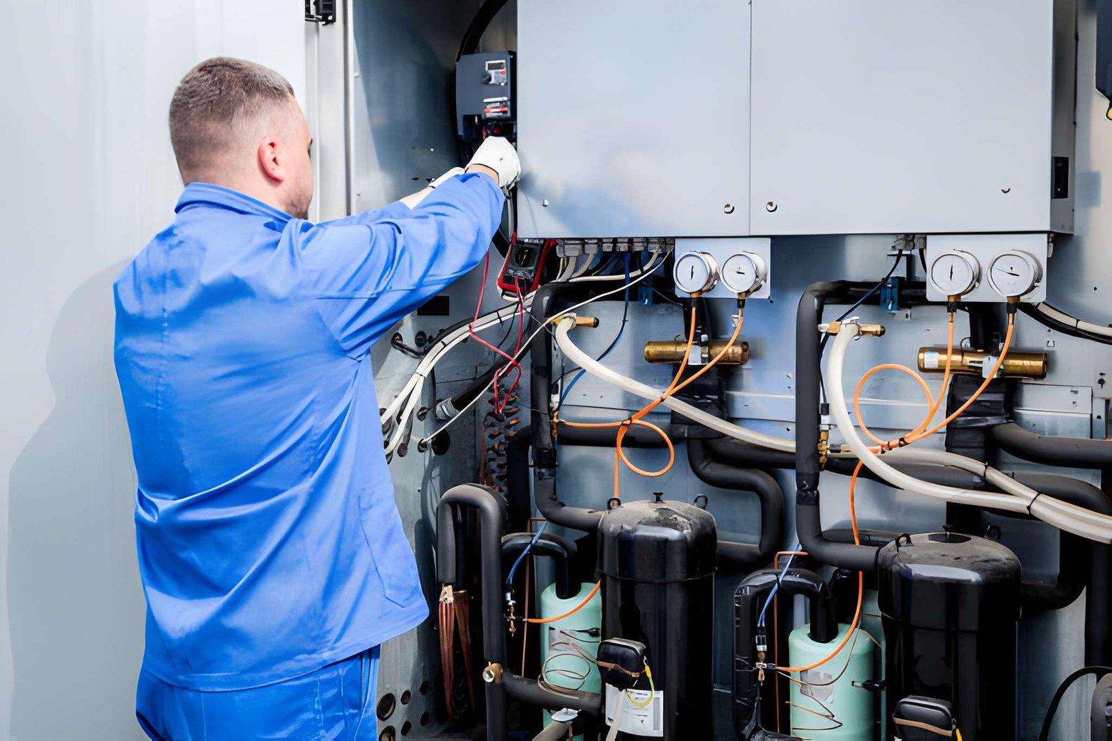 A technician in blue workwear is working on the internal components of a large industrial HVAC unit, adjusting wiring and gauges
