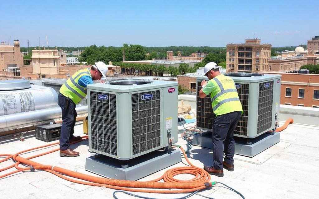 HVAC technician from Hadley Energy Solutions inspecting an outdoor AC unit in Louisville KY