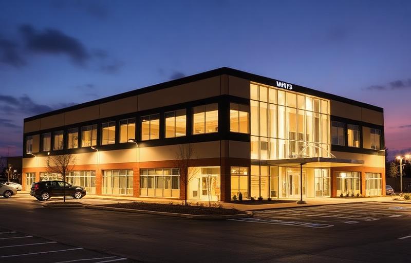 Modern commercial building with professional LED lighting in Lexington KY at dusk