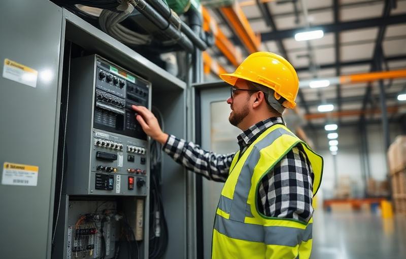 Licensed electrician servicing electrical panel in Mt. Washington KY facility