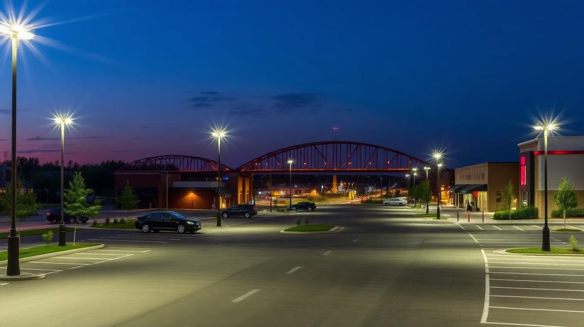 LED commercial parking lot lighting in New Albany Indiana at dusk