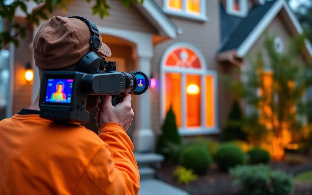 Homeowner reviewing energy audit report with technician from Hadley Energy Solutions