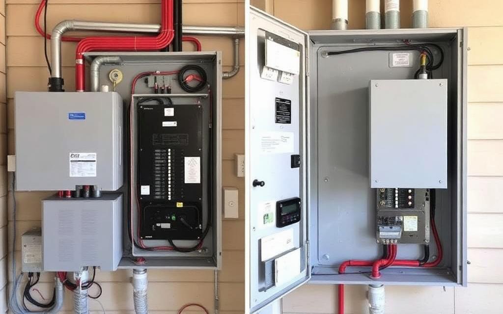 A modern electrical panel with wires illuminated, next to a home backup generator outside a suburban Louisville home