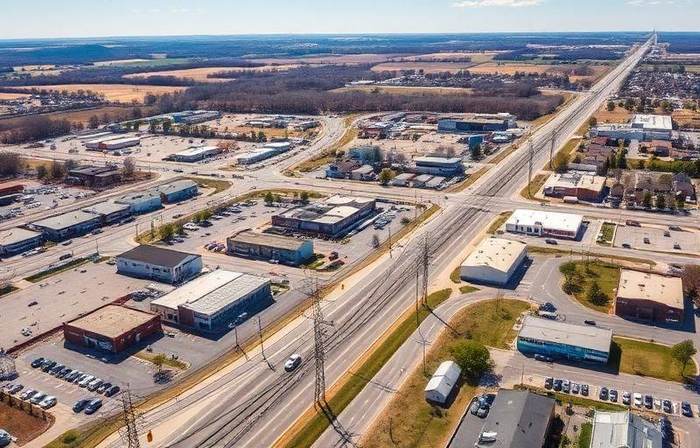 Aerial view of Simpsonville KY commercial and residential development along highway corridor