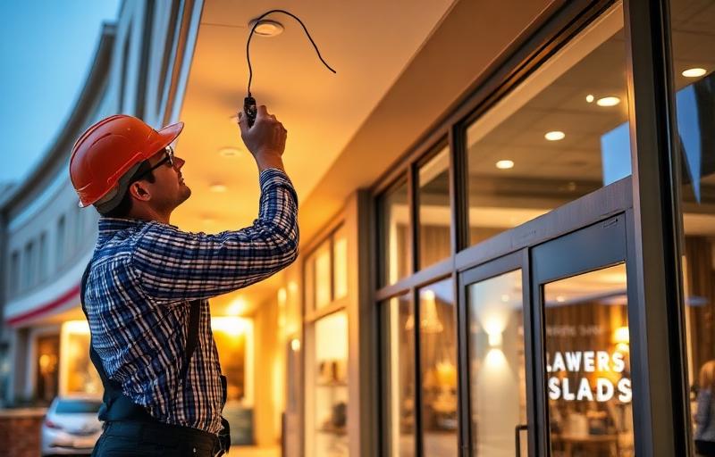 Commercial electrician installing lighting at St. Matthews KY retail storefront